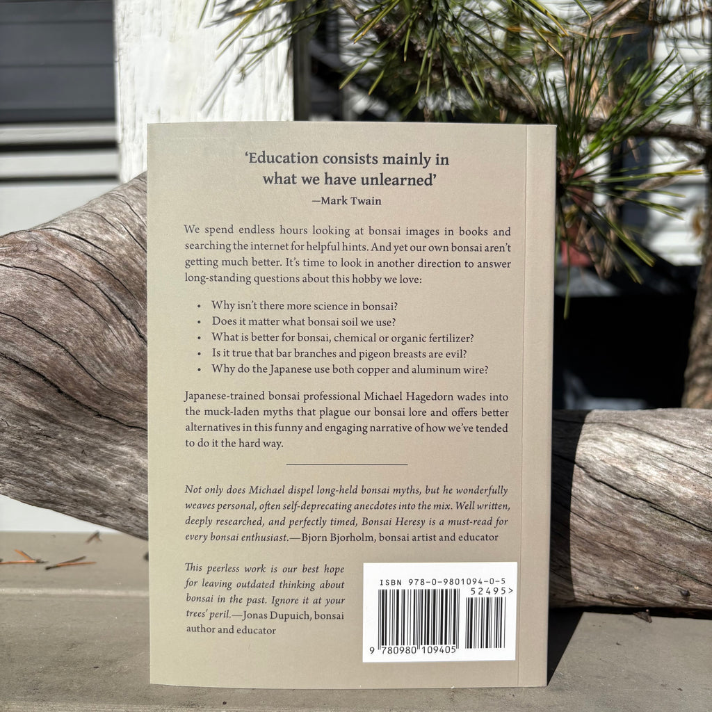 Back cover of Bonsai Heresy book by Michael Hagedorn