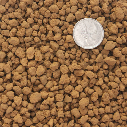 Hard-fired Akadama close up showing reddish brown colour, granule texture and 3-6mm grain size.
