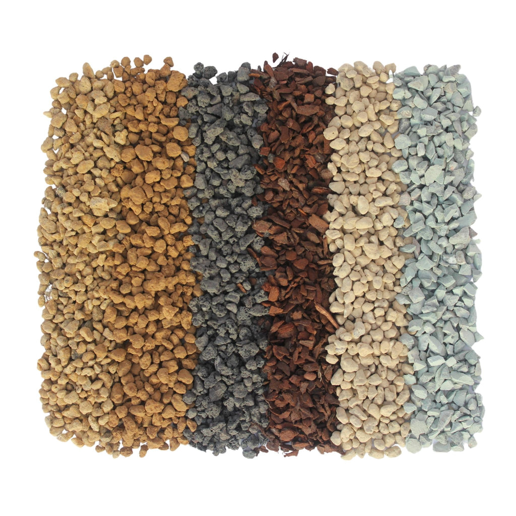 Premium Bonsai Soil Conifer Blend ingredients showing Kiryuzuna, Akadama, Black Lava, New Zealand Pine Bark Fines, Hyuga Pumice and Zeolite.