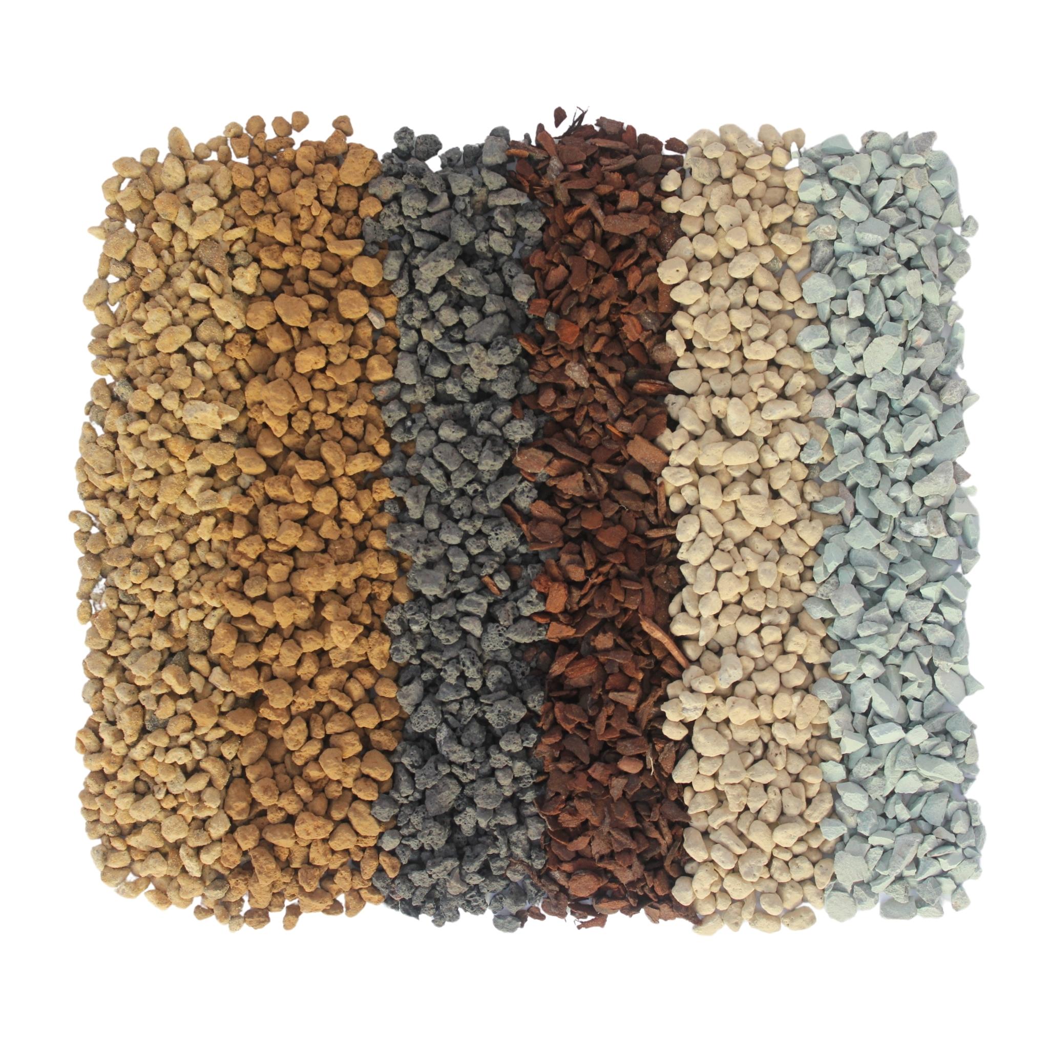 Premium Bonsai Soil Conifer Blend ingredients showing Kiryuzuna, Akadama, Black Lava, New Zealand Pine Bark Fines, Hyuga Pumice and Zeolite.